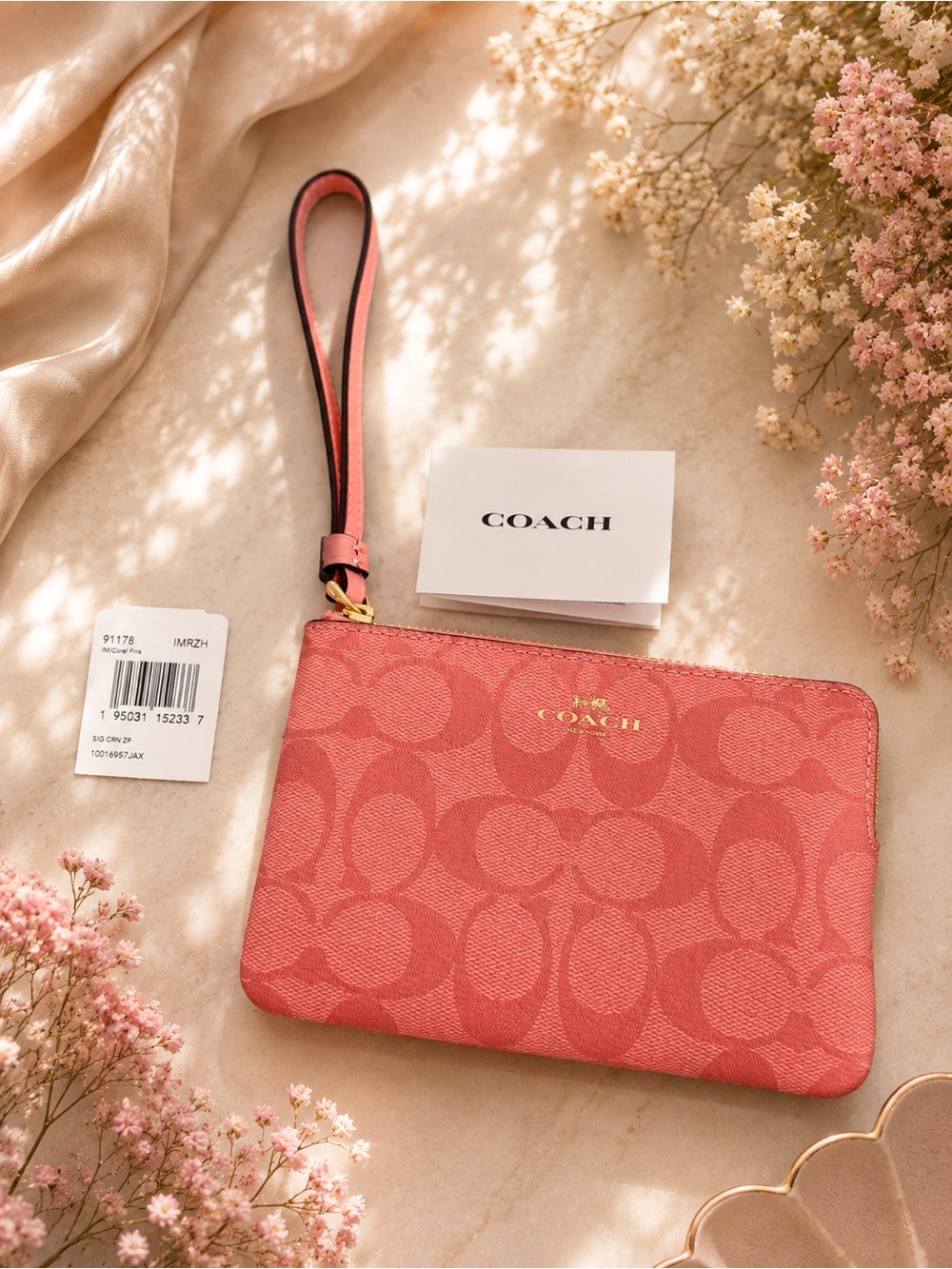 Coach Candy Pink Wristlet Wallet Gold Accents Coral Pink Repeating C Logo NEW - Picture 1 of 12